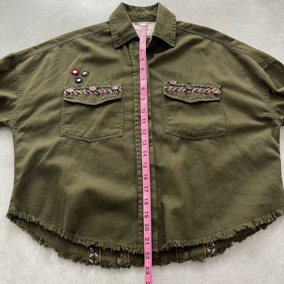 Beautiful Stories Button Up Shirt Womens Size XS Green Embellished Military - Picture 10 of 10